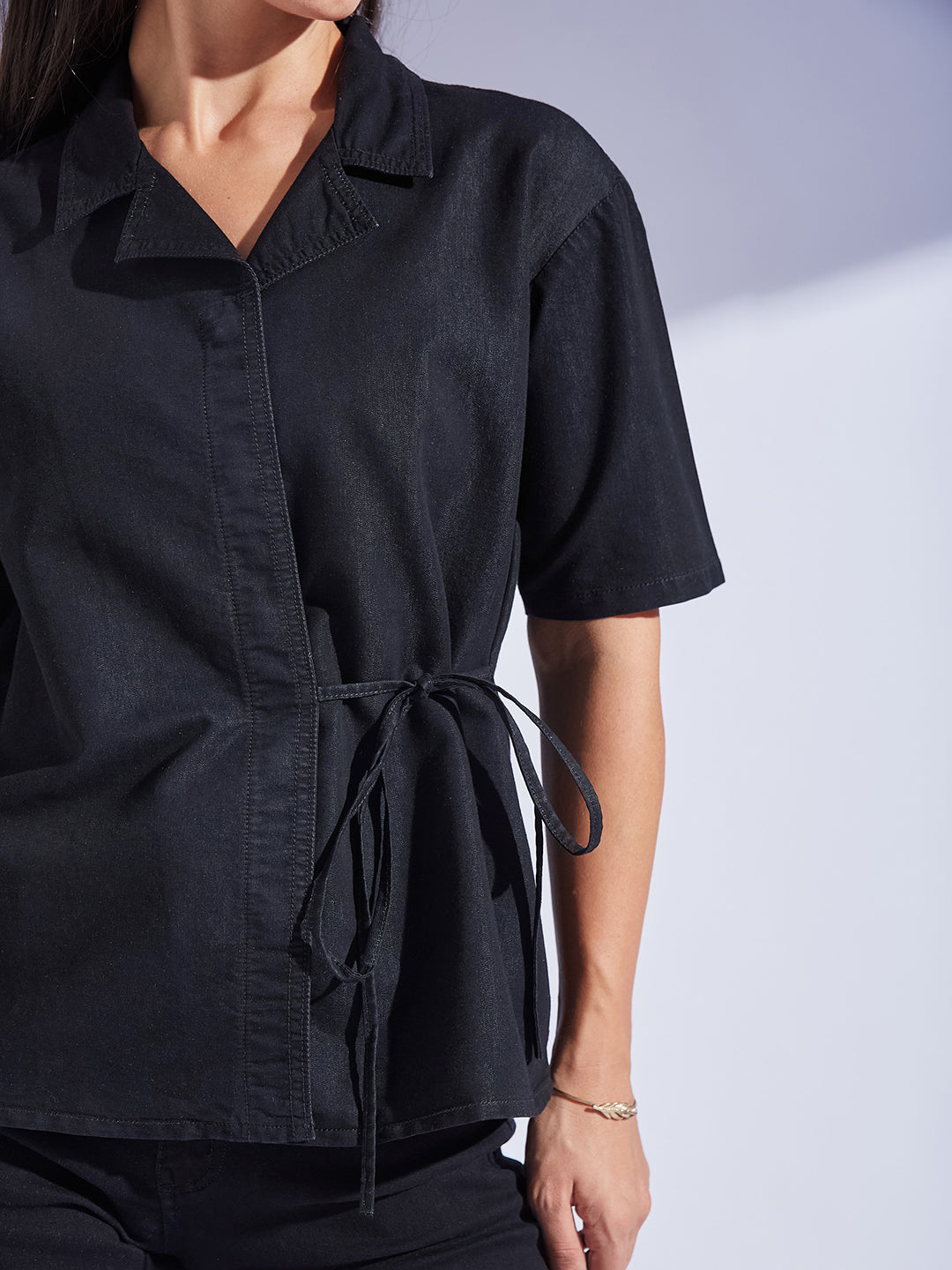 Women's Black Shirt Collar Short Sleeve Tie Up Solid Regular-Length Denim Shirt