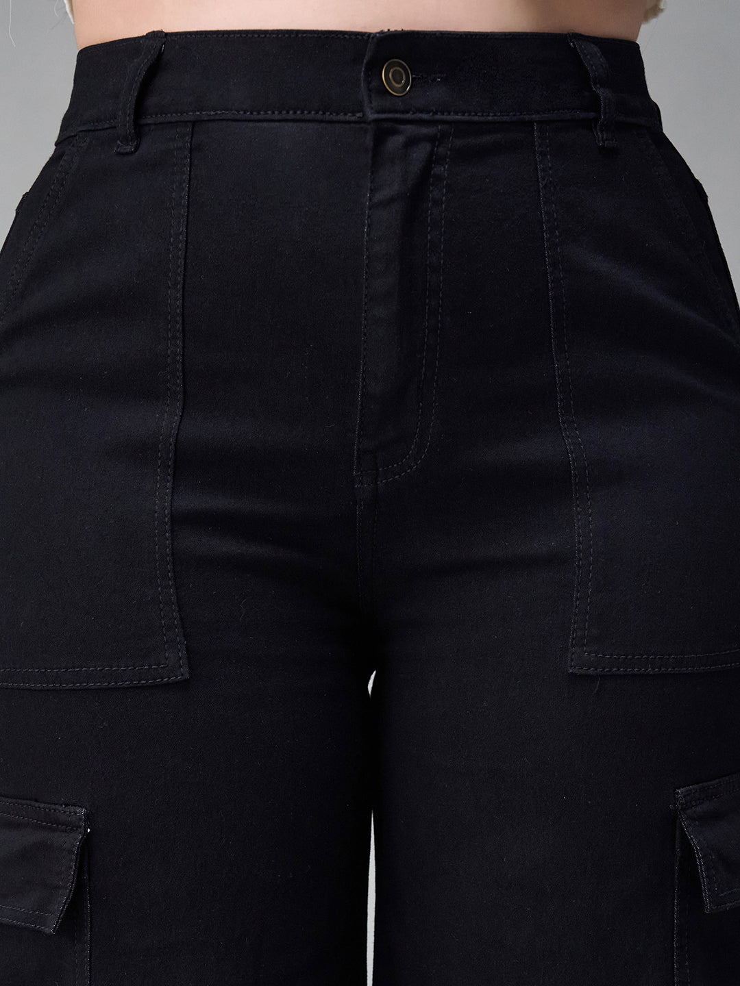 24/7 Comfort Black Wide-Leg High-Rise Stretchable Denim Cargo Jeans for Women