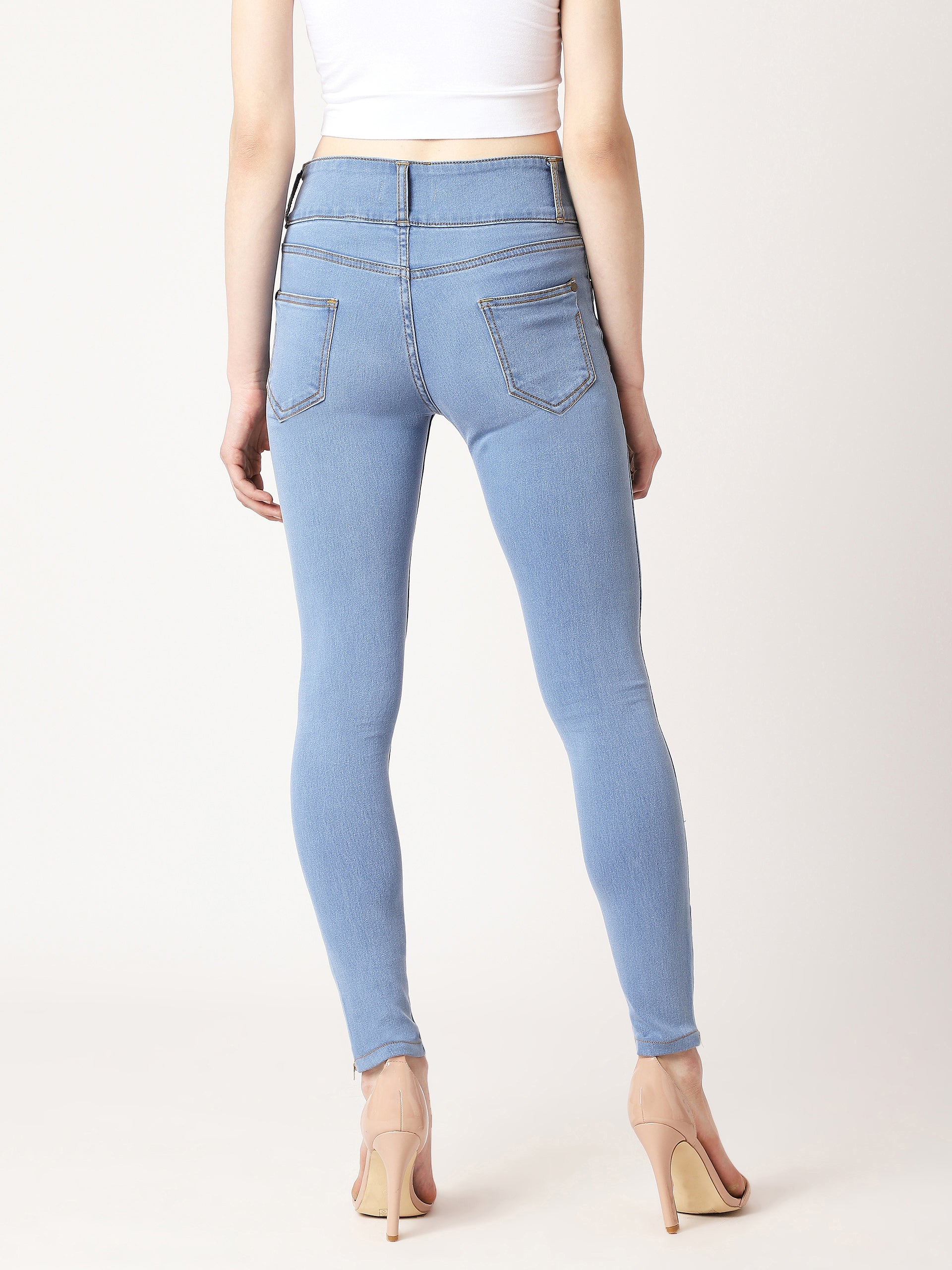 Women's Blue Skinny High-Rise Broad Waist Band Zipper Detailing Denim Jeans