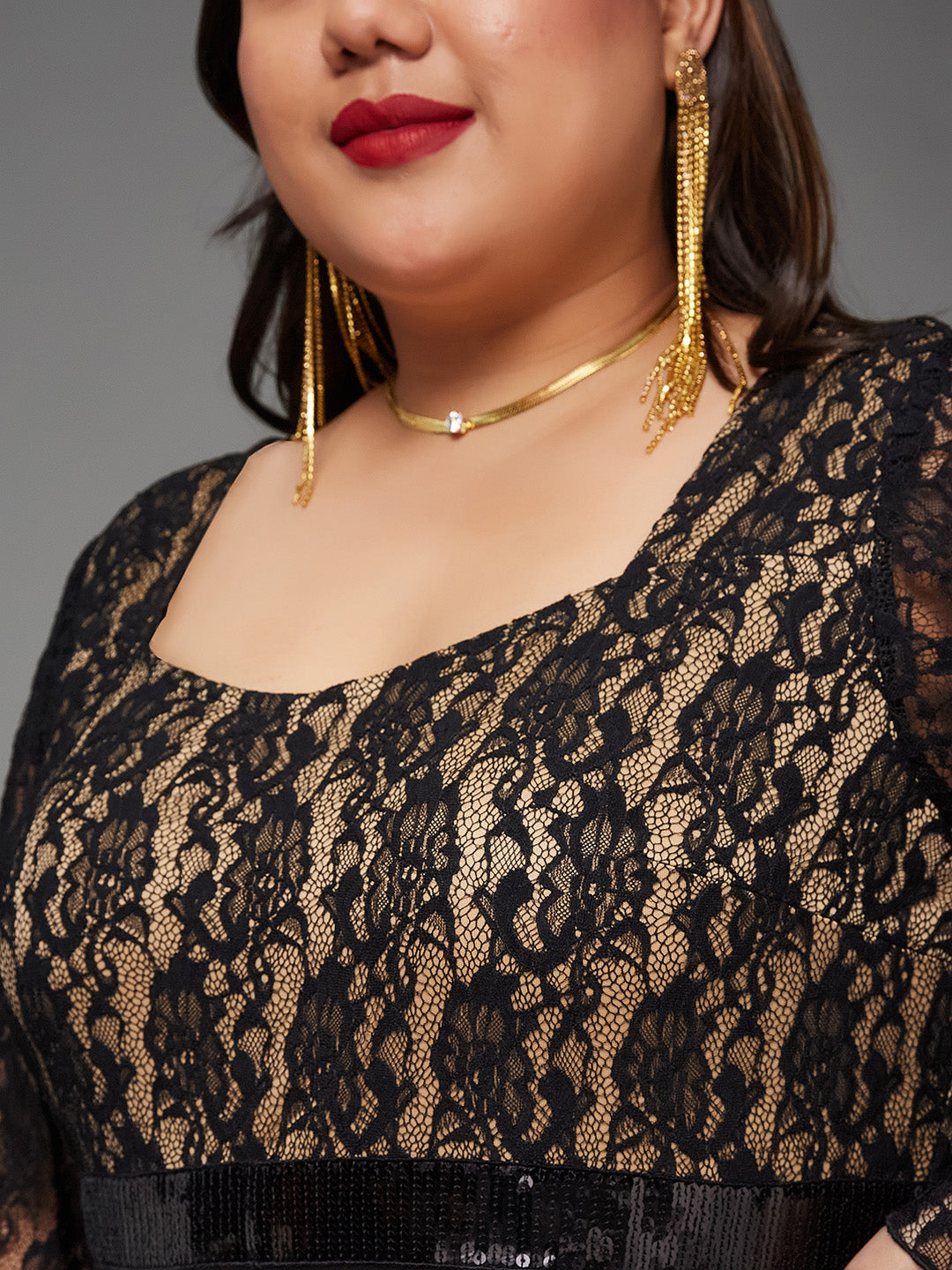 Black Sweetheart-Neck Full Sleeve Floral Lace-Overlaid Georgette Maxi Dress for Women