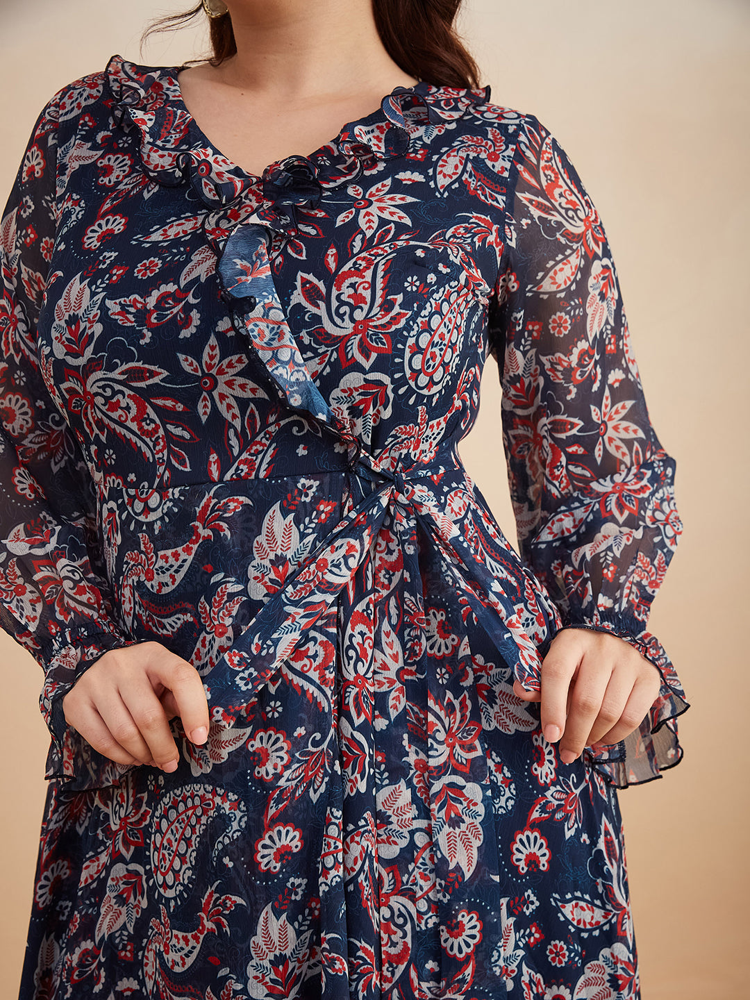 Multicolored-Base-Navy-Blue V Neck Full Sleeves Polyester Relaxed Fit Midi Length Dress for Women