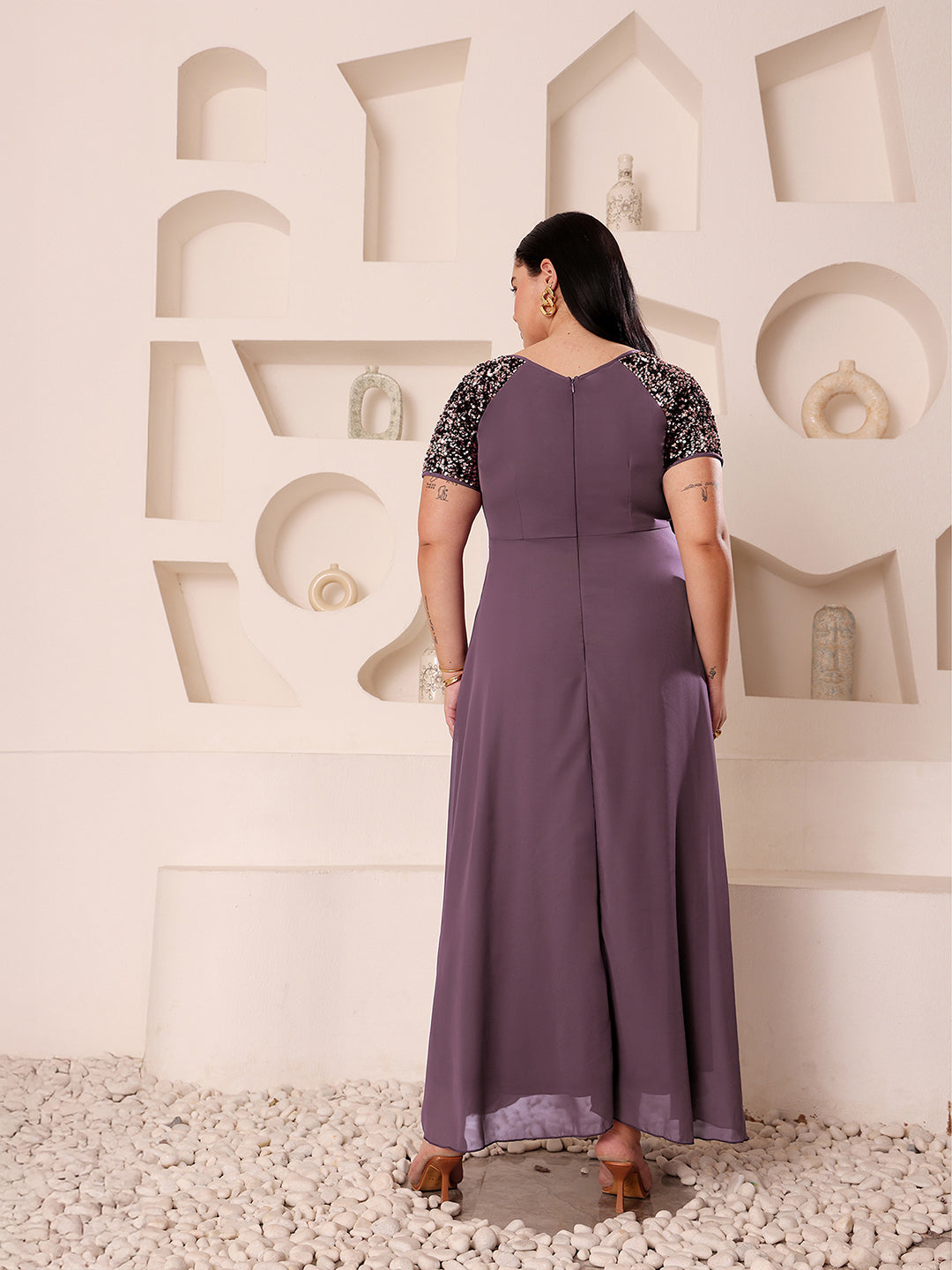 Mauve Half Sleeves Sequinned Fit and Flare Maxi Dress Long Dress Frock for Women