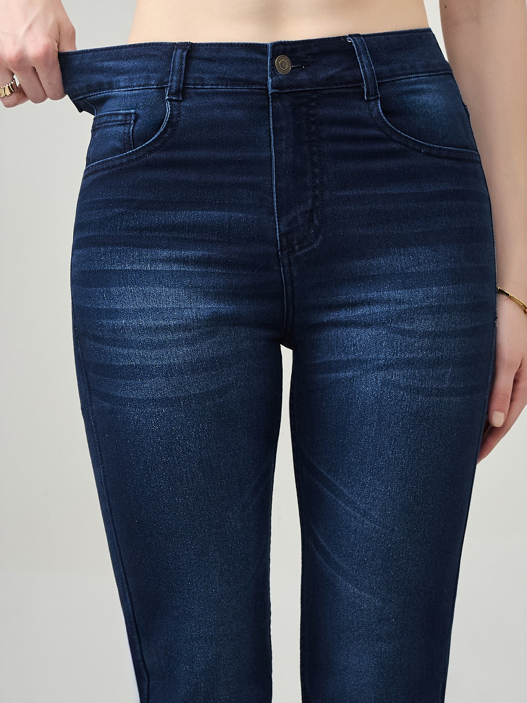 Navy blue Wide leg Mid rise Regular Stretchable Denim Jeans for Women