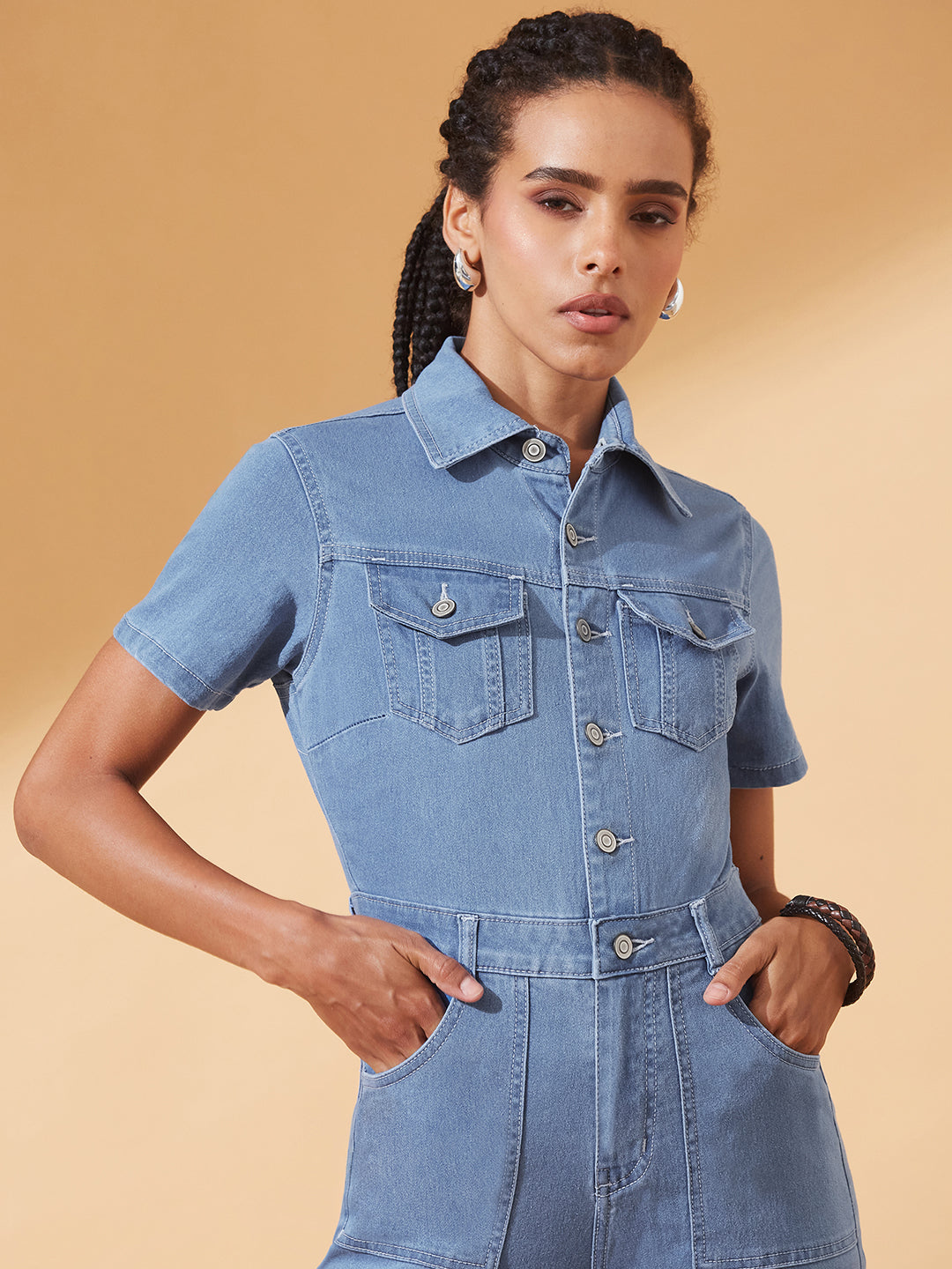 Light Blue Flared High-Rise Stretchable Denim Jumpsuit for Women