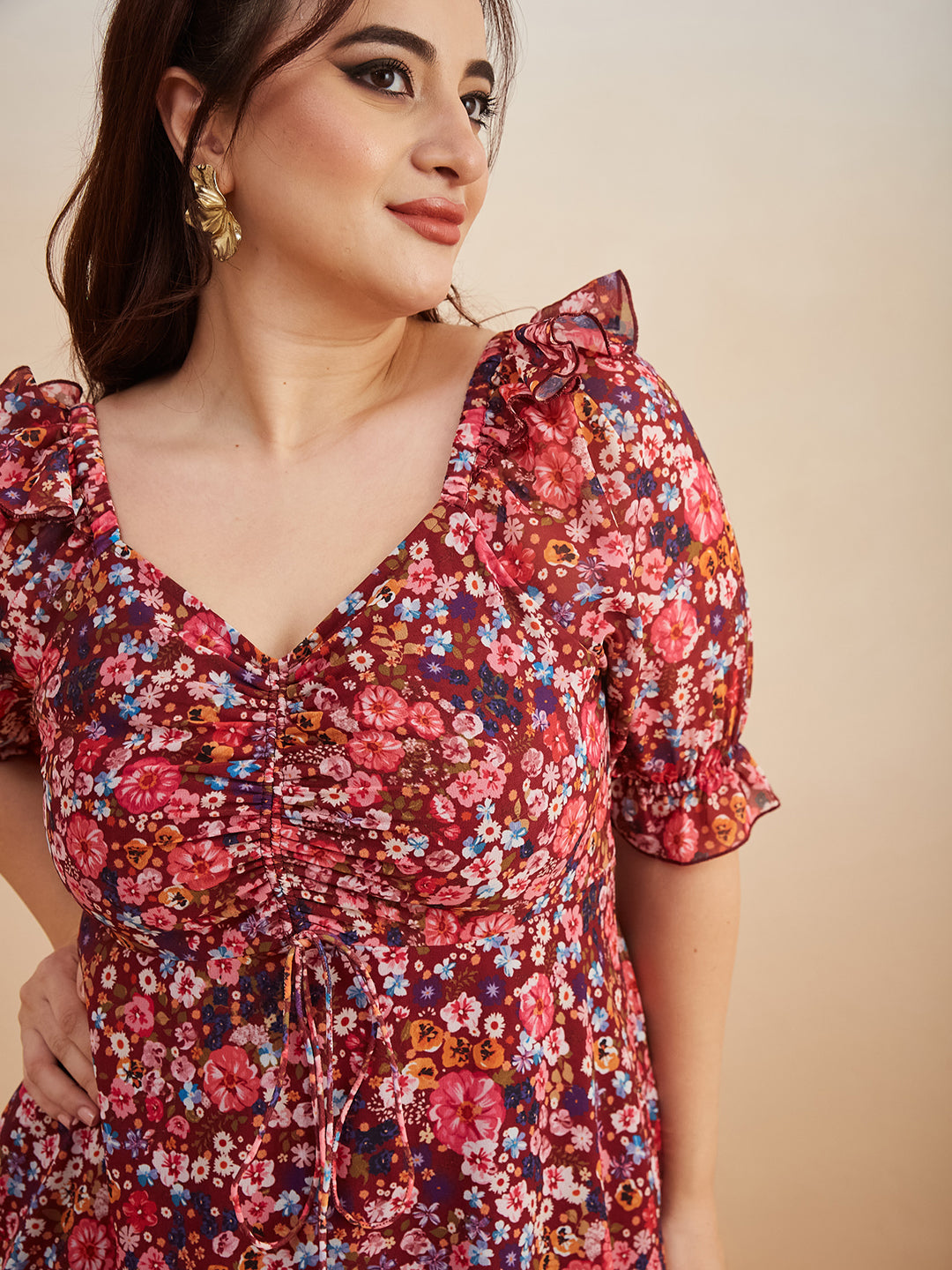 Multicolored-Base-Wine V-Neck Puff Sleeve Floral Ruching Ankle-Length Dress for Women