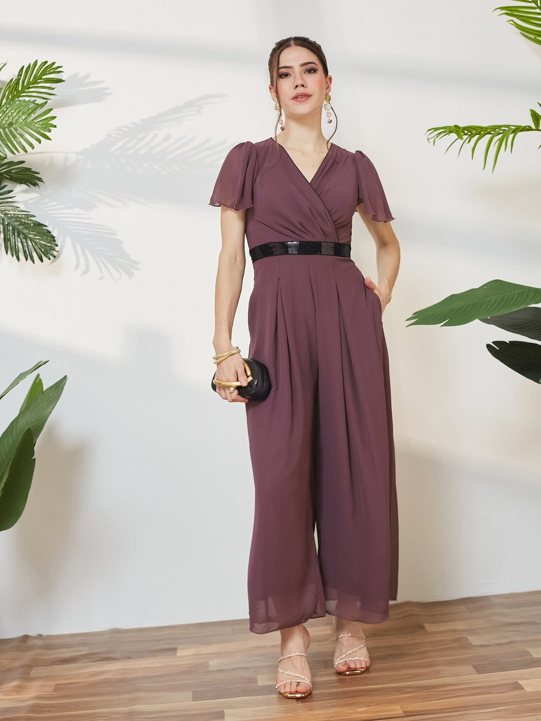 Mauve Solid Relaxed Fit Short Sleeve V-Neck Ankle-Length Straight Jumpsuit for Women
