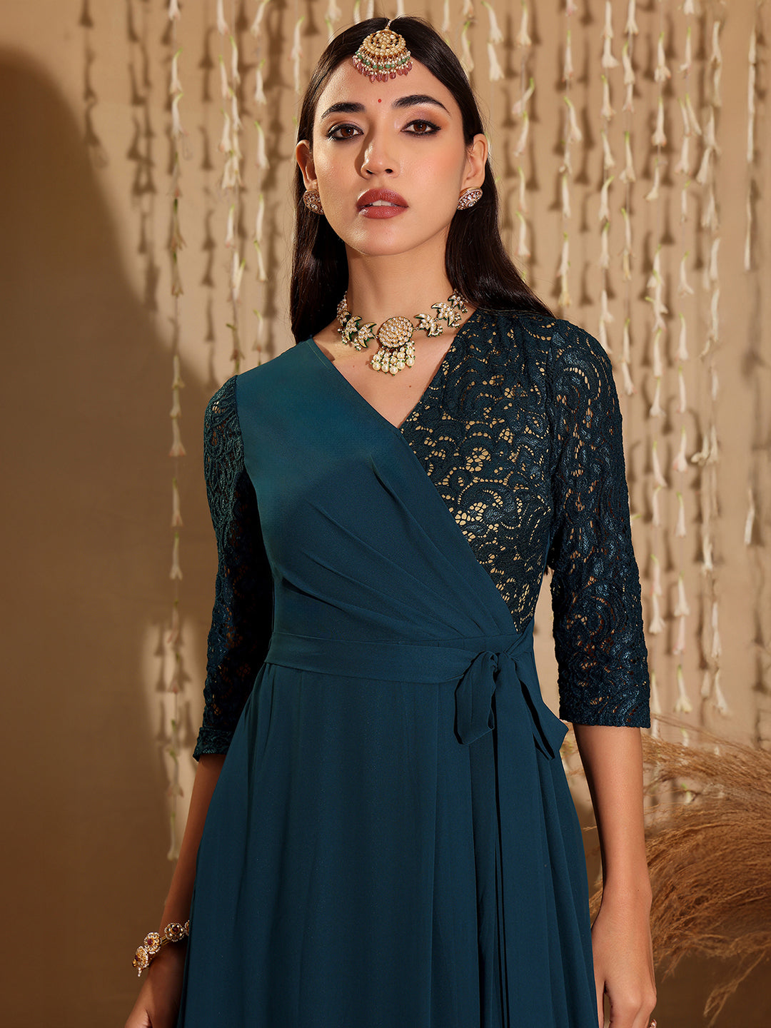 Women's Teal V-Neck 3/4 Sleeve Self-Designed Wrap-Styled Georgette Maxi Dress