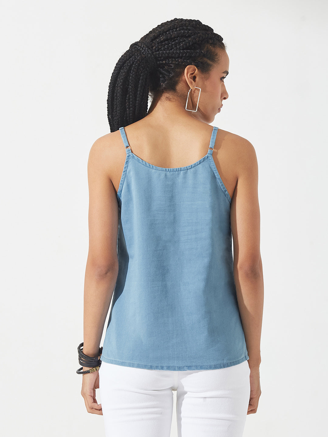 Light-Blue V Neck Sleeveless Cotton Solid Denim Spaghetti Top for Women