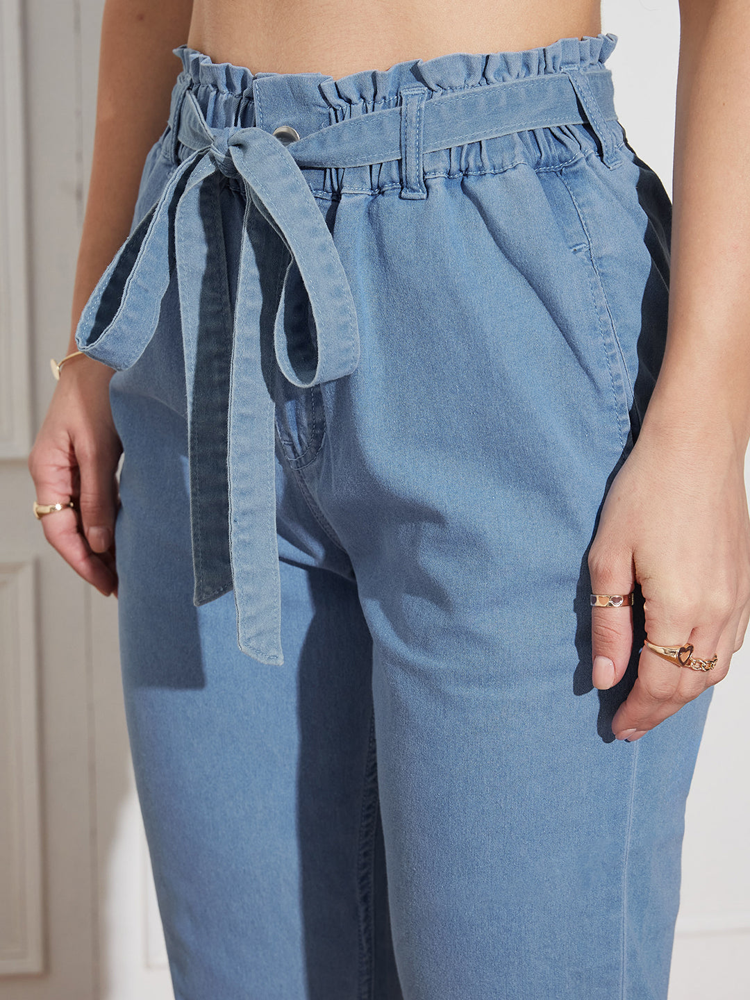 Women's Light-Blue Paperbag-Fit High-Rise Clean-Look Regular-Length Stretchable Denim Jeans