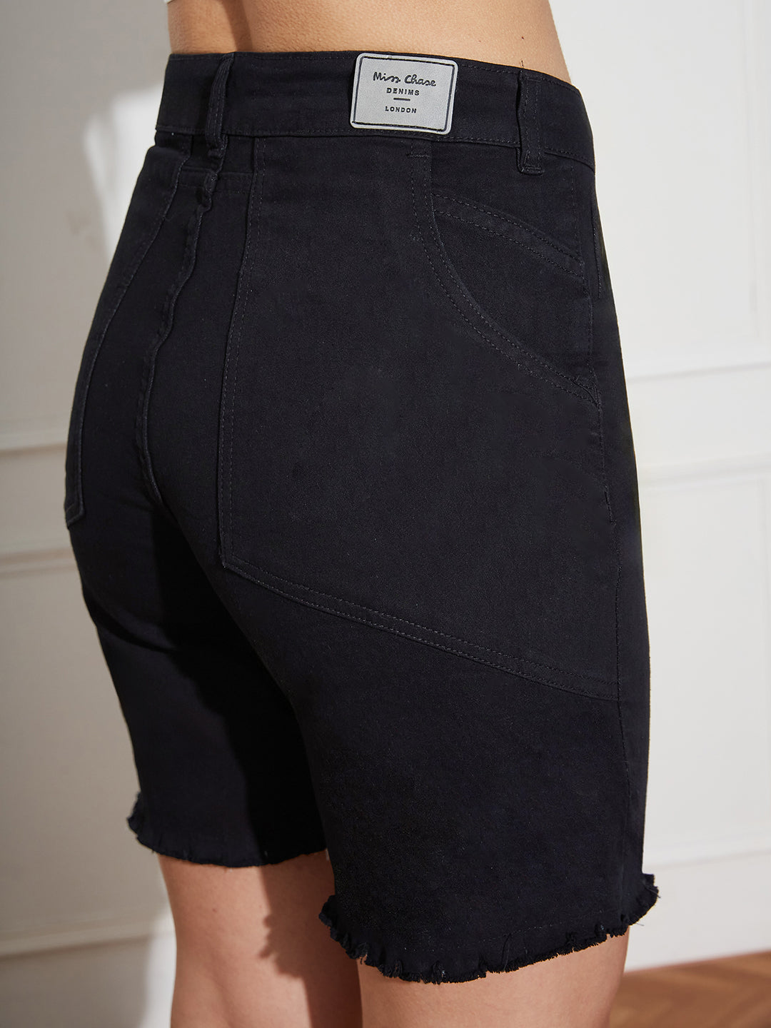 Black Regular High-Rise Stretchable Denim Shorts for Women — Miss Chase
