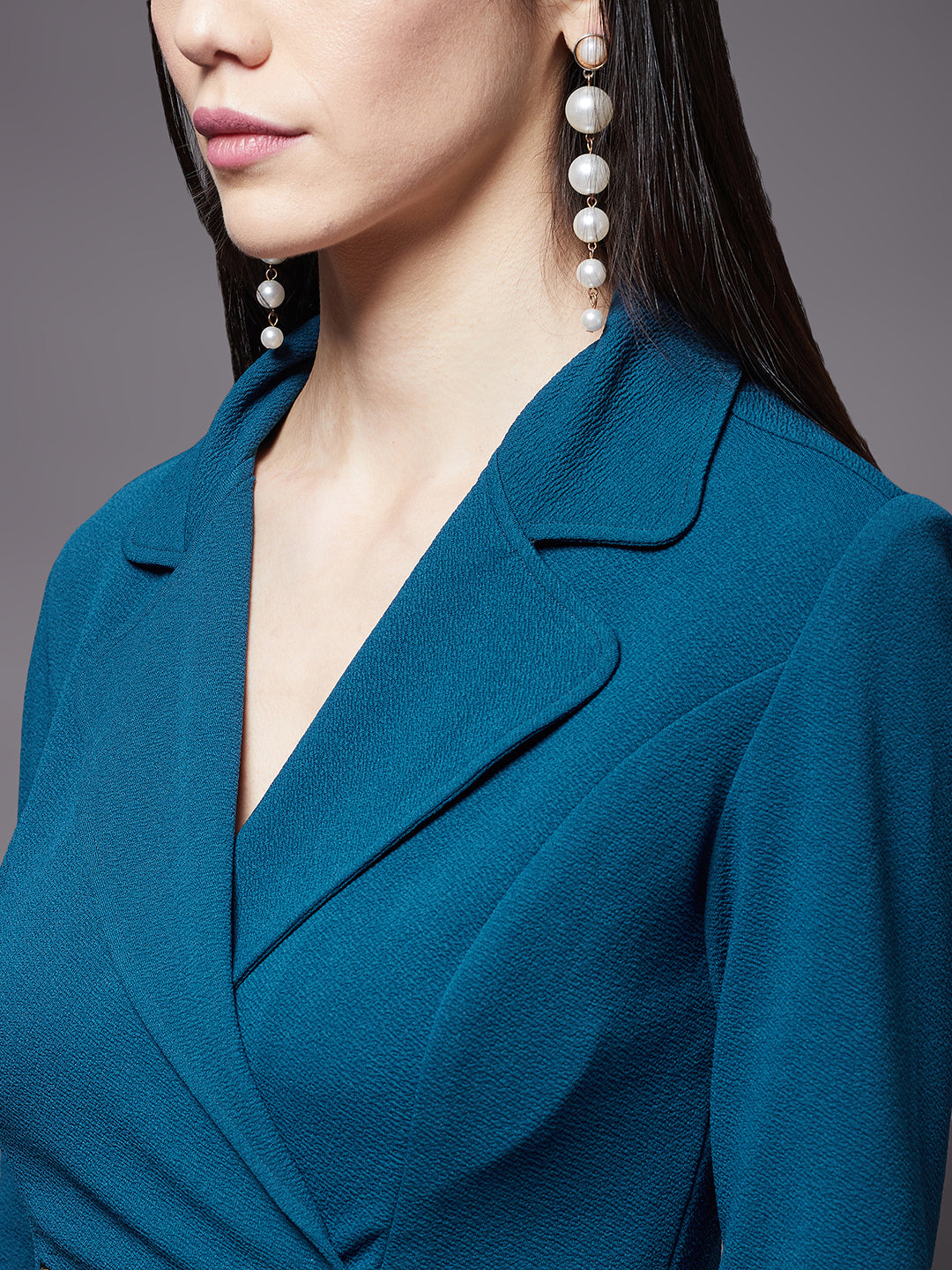 Women's Teal Solid Notched Collar 3/4 Sleeve Blazer Polyester Knee-Long Dress