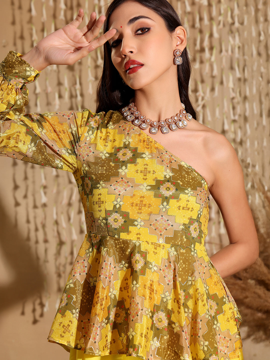Women's Multicolored-Base-Yellow Geometric One Shoulder Neck Bishop Sleeves Georgette Layered Regular-Length Jumpsuit