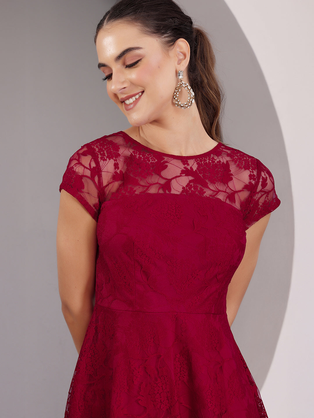 Women's Dark Pink Round Neck Cap Sleeves Low Back Lace Skater Dress