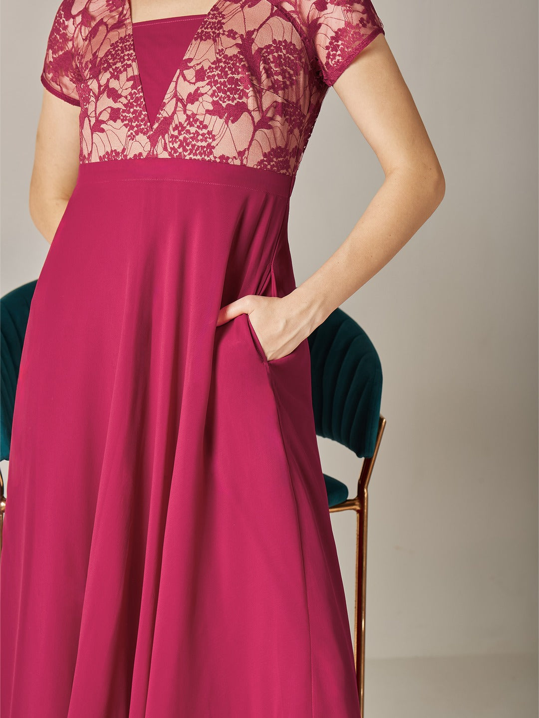 Dark Pink Square Neck Raglan Short Sleeve Self Design Lace Overlaid Georgette Maxi Dress for Women