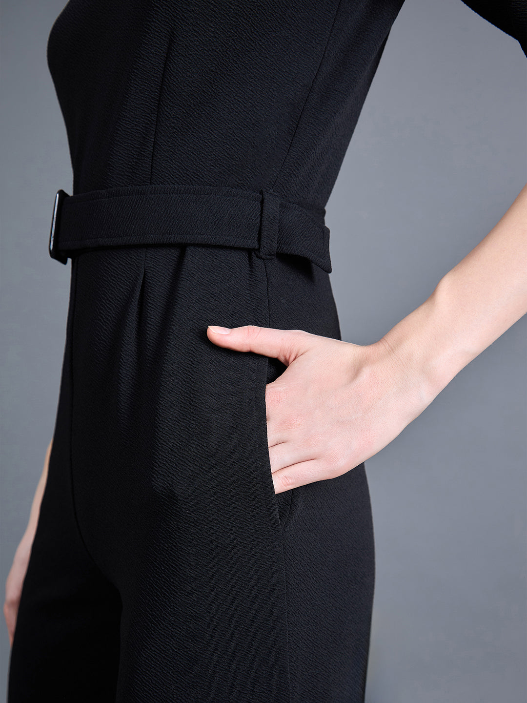 Women's Black Round Neck 3/4 Sleeve Solid Belted Wide-Leg Side Slit Maxi Jumpsuit