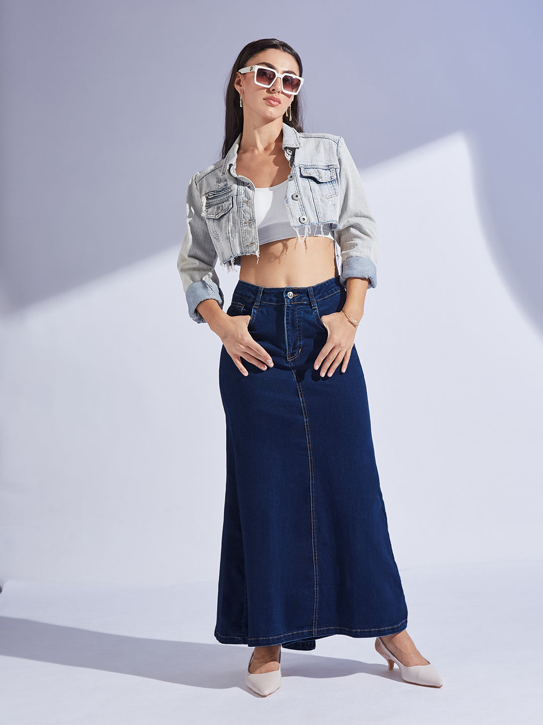 Women's Dark-Blue Flared High-Rise Stretchable Denim Maxi Skirt