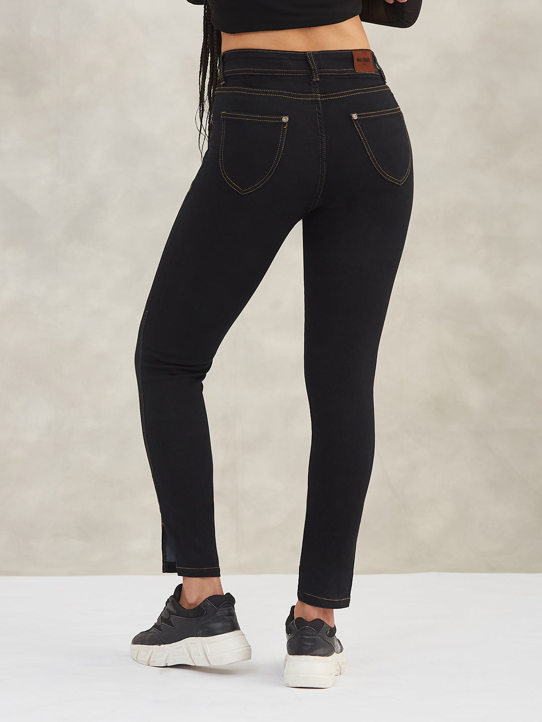 Women's Black Skinny High-Rise Side-Slit Solid Stretchable Denim Jeans