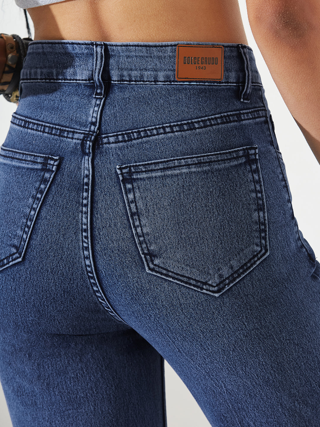 Navy Blue Wide-Leg High-Rise Stretchable Denim Jeans For Women