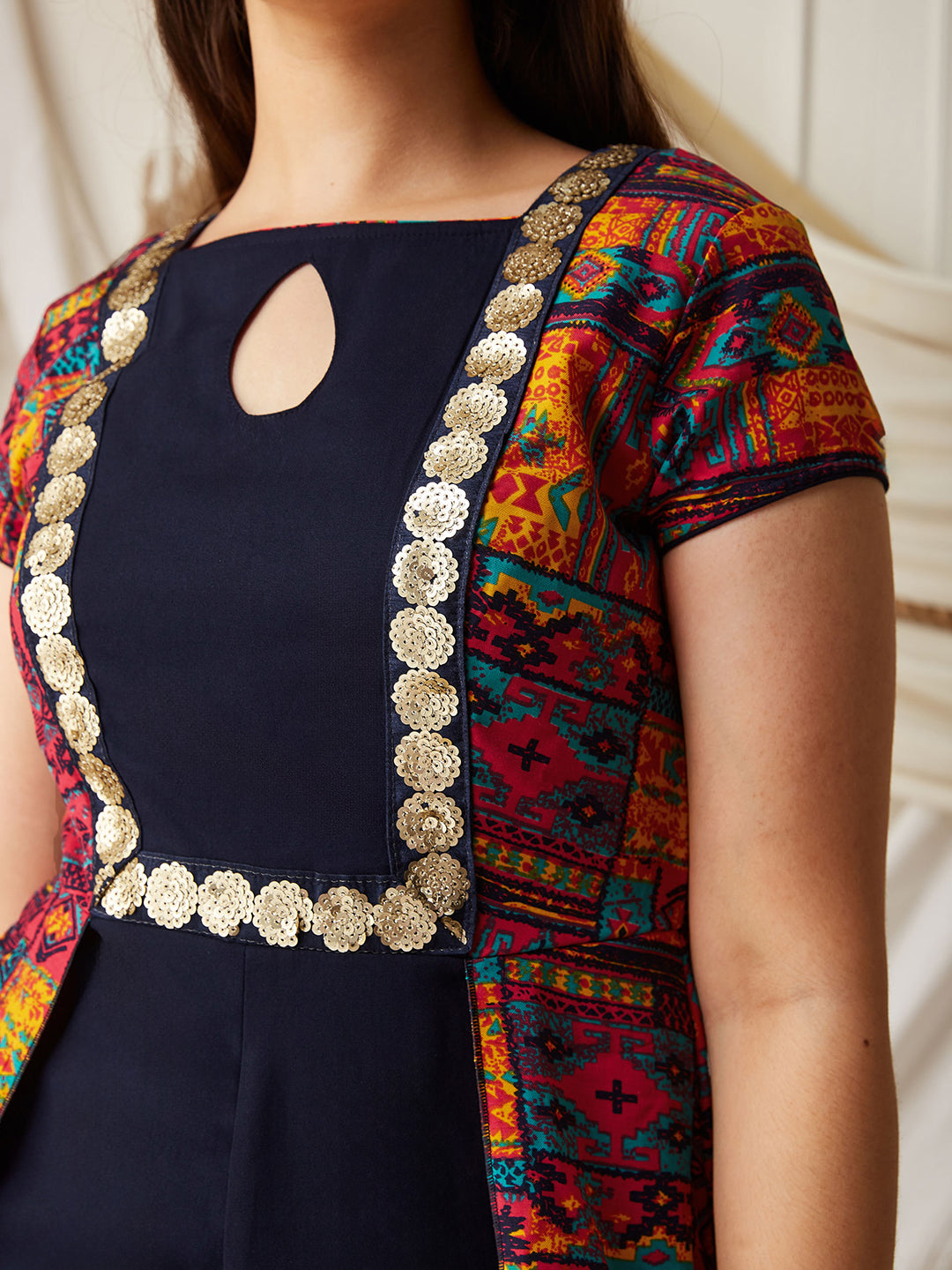 Multicolored-Base-Navy Blue Keyhole-Neck Regular Sleeve Bohemian Paneled Viscose-Rayon Regular-Length Jumpsuit