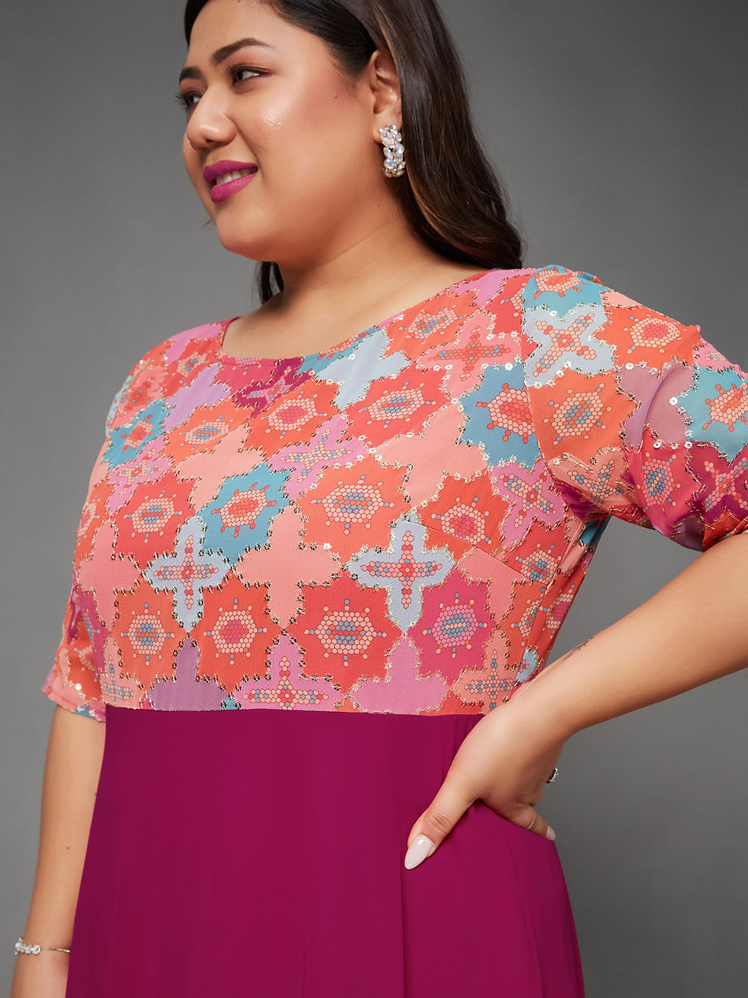 Body Bliss Multicolored-Base-Dark Pink Fit & Flare Georgette Maxi Dress