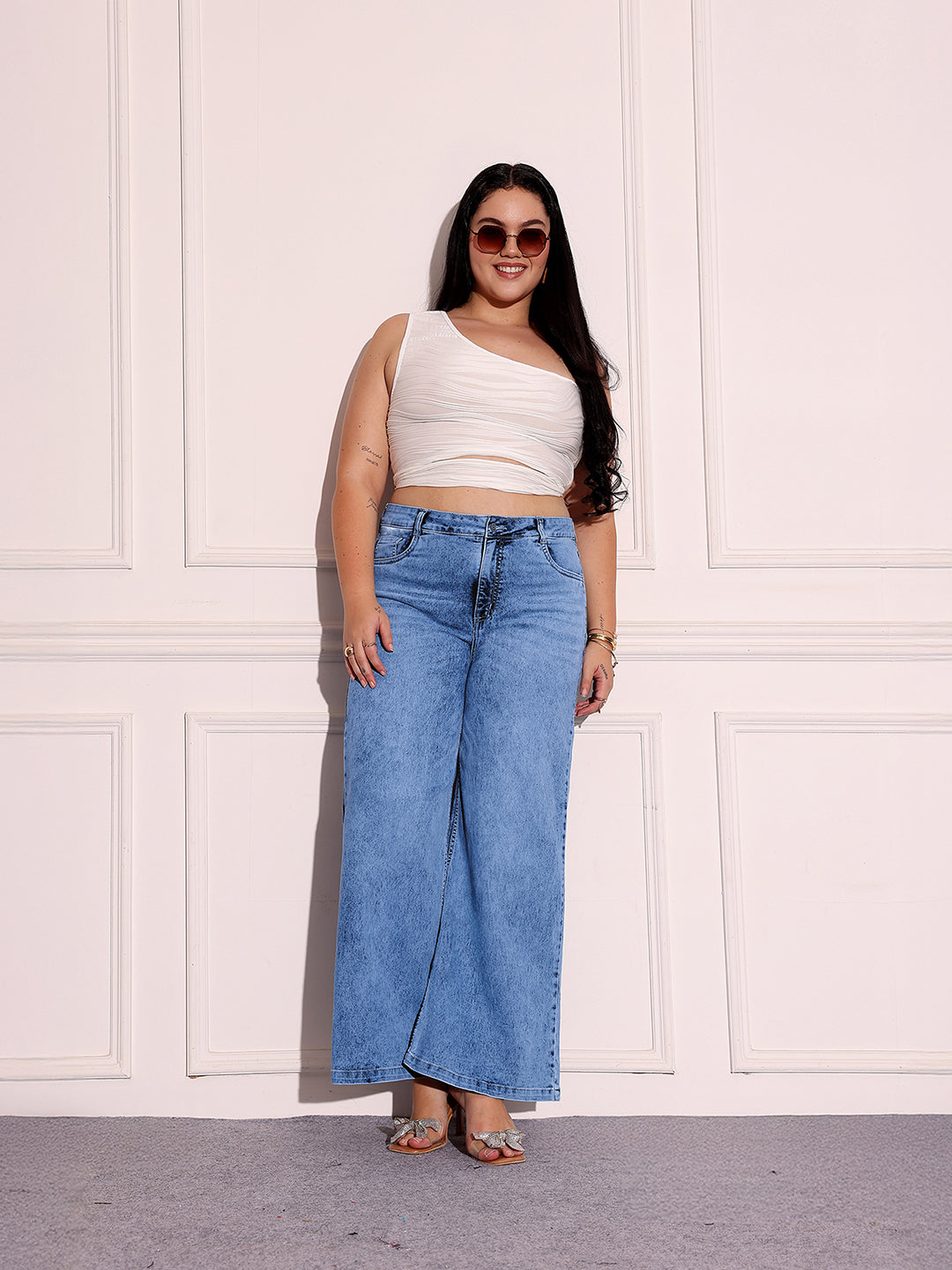 Women's Light Blue Wide-Leg High-Rise Clean-Look Stretchable Shaping Denim Jeans