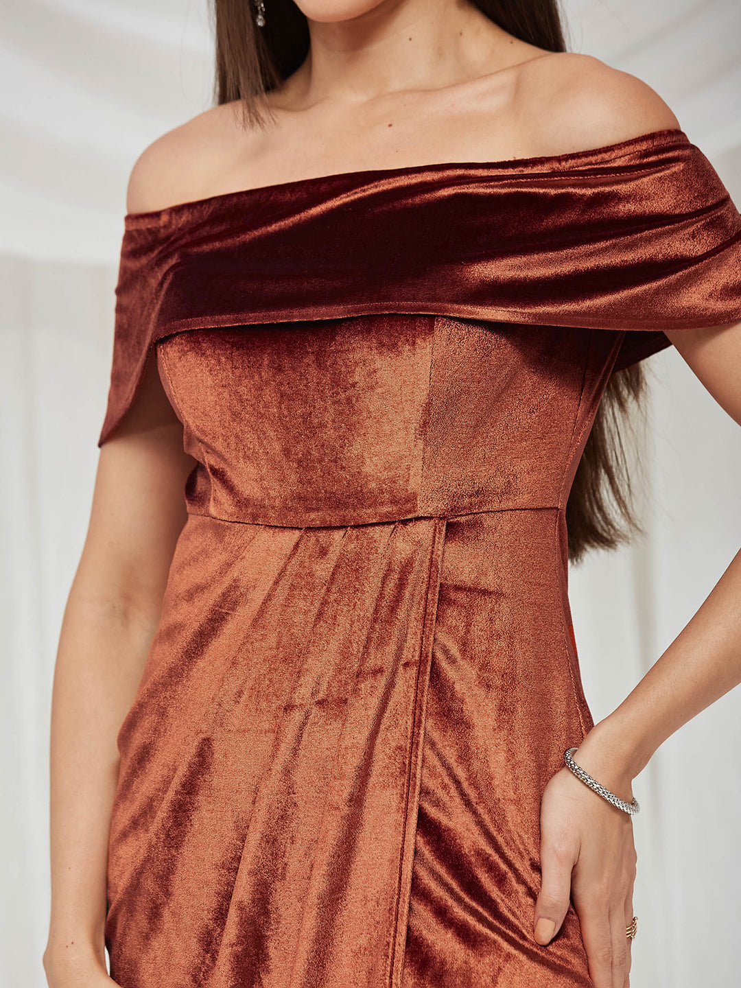 Rust Velvet Off-Shoulder Draped Knee-Length Dress with Tulip Hem for Women — Miss Chase