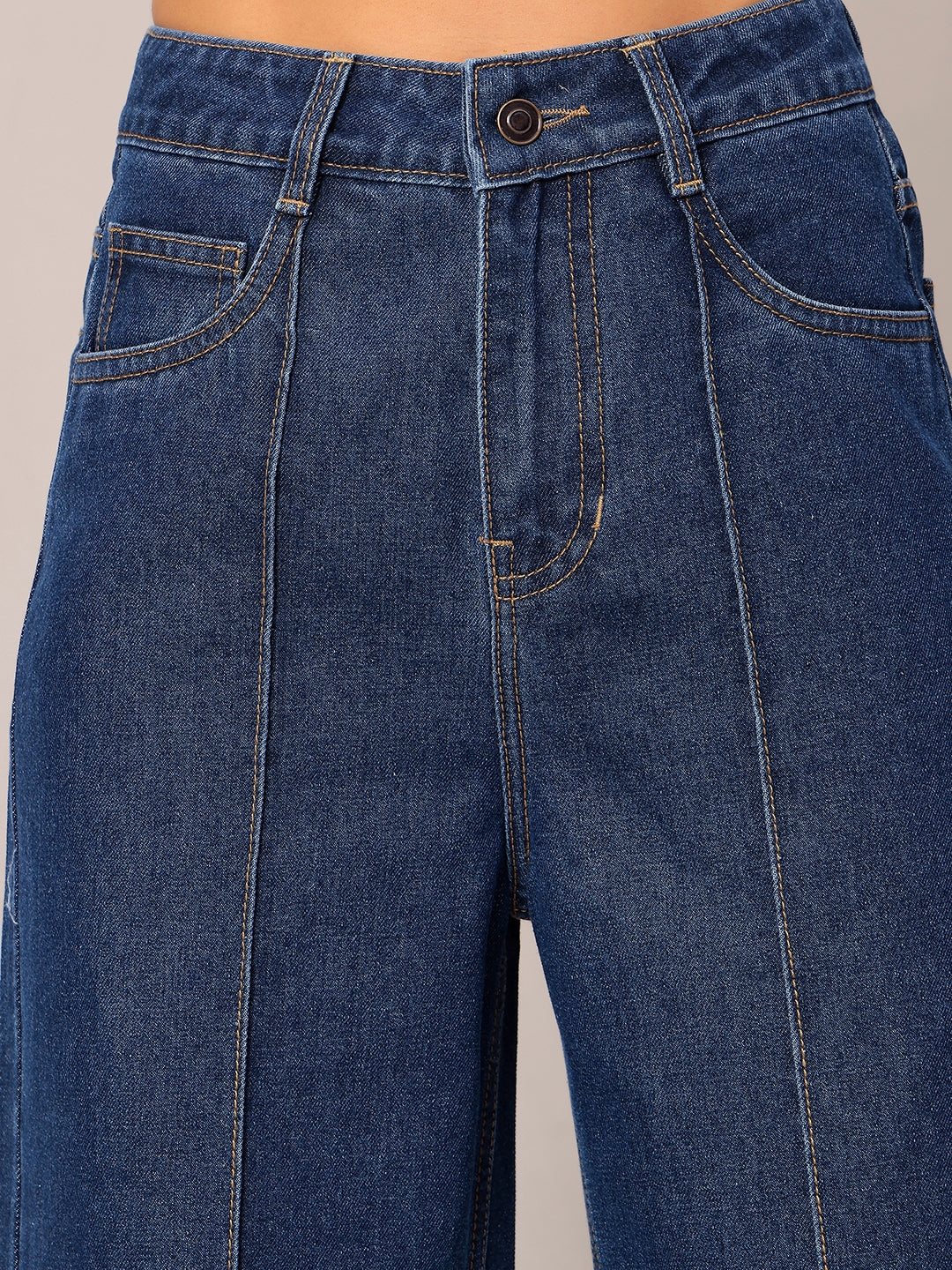 Women's Navy Blue Wide-Leg High-Rise Clean-Look Regular-Length Non-stretchable Denim Jeans