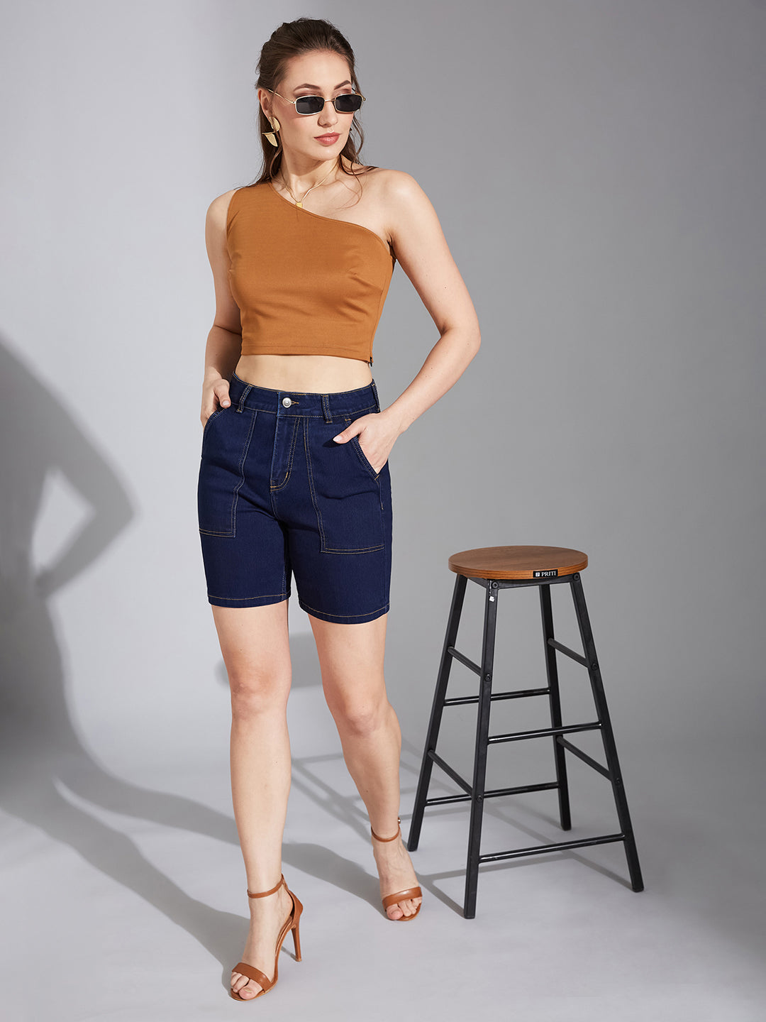 Women's Navy Blue Regular High-Rise Clean-Look Above-Knee Stretchable Denim Shorts