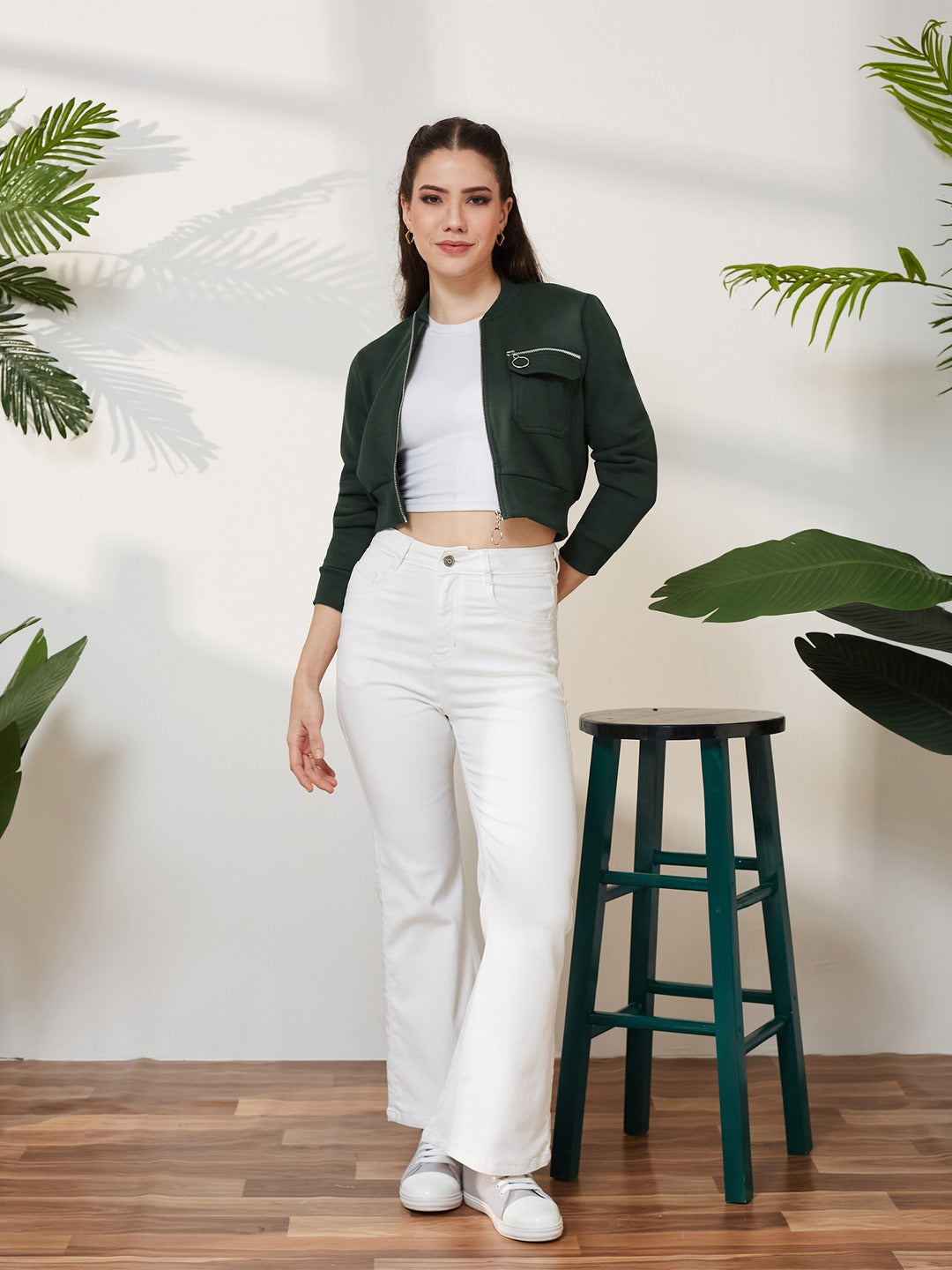 Green Stand Collar Full Sleeves Cotton Boxy/Bomber Cropped Jacket for Women