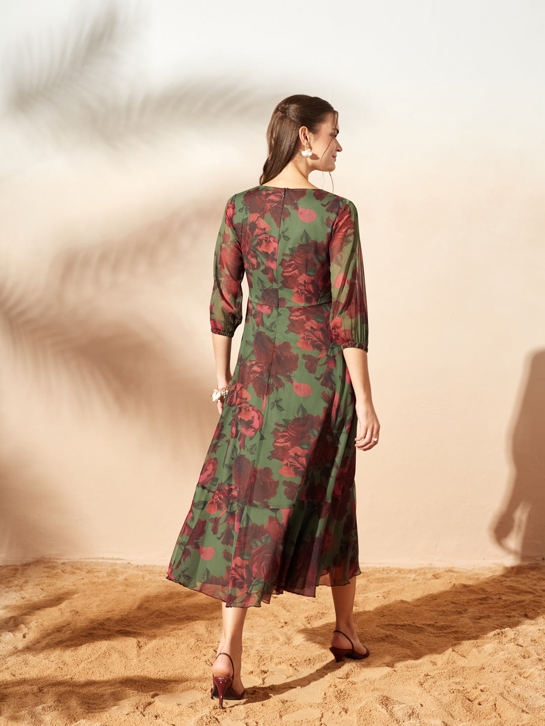 Women’s Olive & Wine Floral V-Neck 3/4 Sleeve Wrap Midi Chiffon Dress for Women — Miss Chase