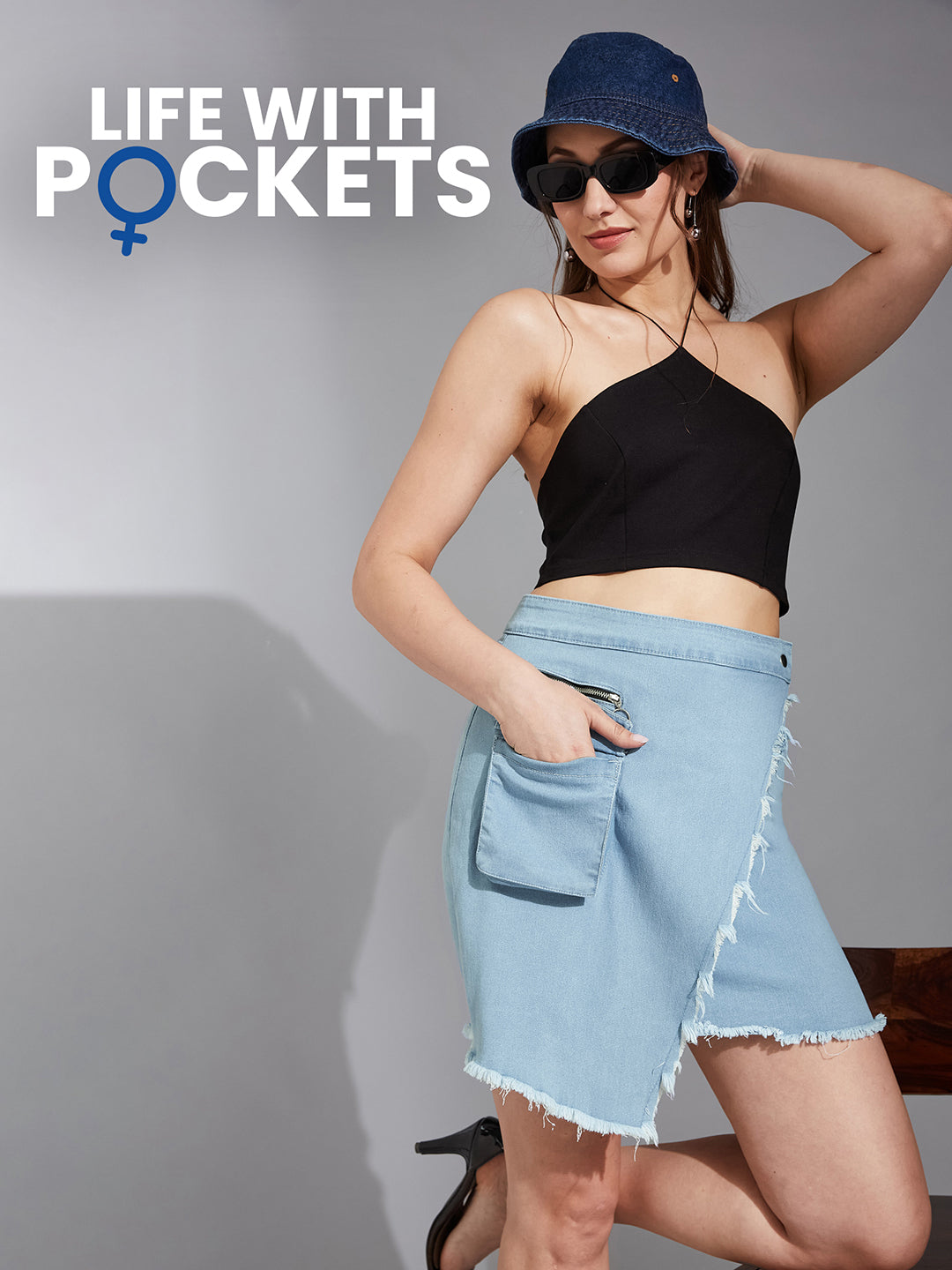 Women's Light Blue Regular High-Rise Clean-Look Above Knee Stretchable Denim Skirt