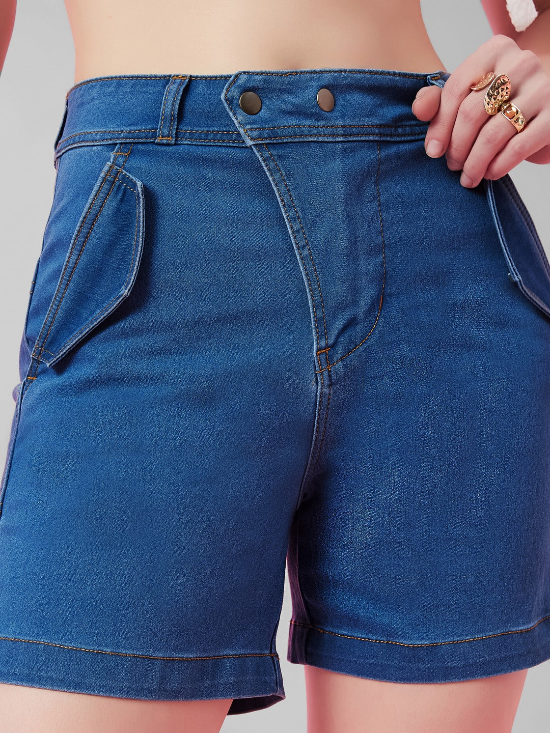 Relaxed-Fit Mid-Rise Stretchable Blue Denim Bermuda Shorts for Women