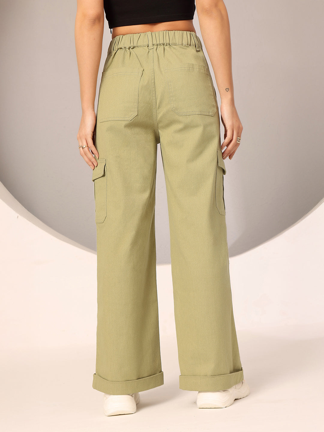 Women's Olive Wide-Leg High Rise Clean Look Regular Stretchable Denim Jeans