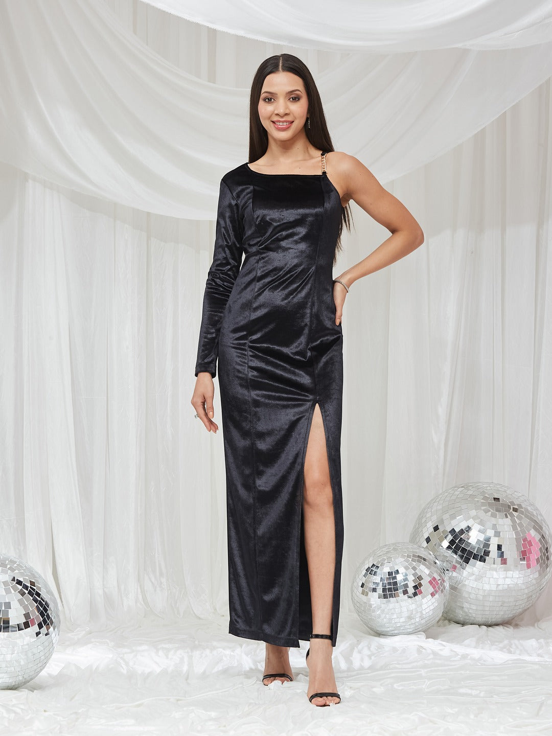 Black Asymmetric Asymmetric Solid Bodycon Maxi Velvet Dress for Women