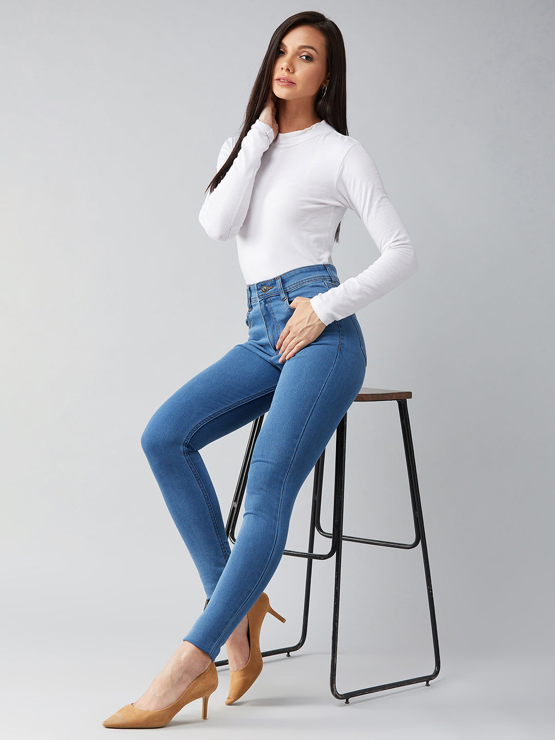 Blue Skinny-Fit High-Rise Distressed Denim Jeans for Women