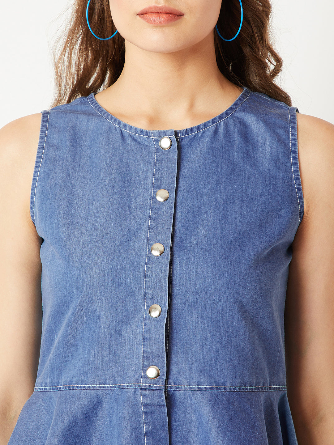Blue Round Neck Sleeveless Denim Front Open Solid Peplum Top For Women
