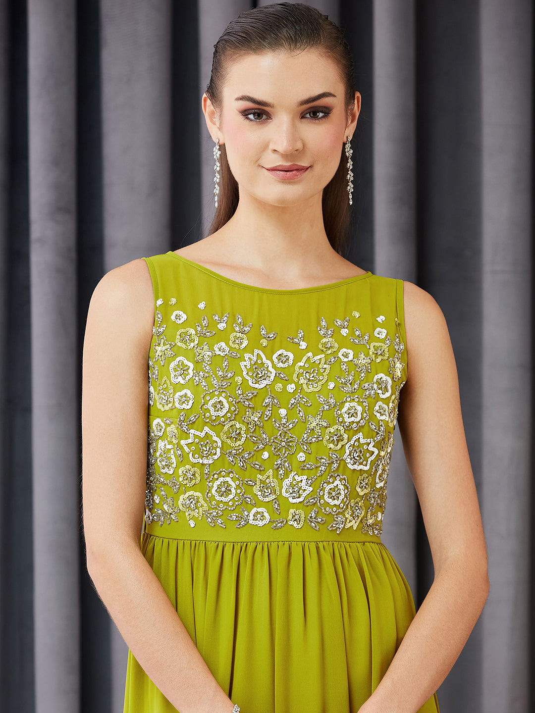 Women's Lemon Green Boat Neck Sleeveless Embroidered Georgette Gathered Maxi Dress