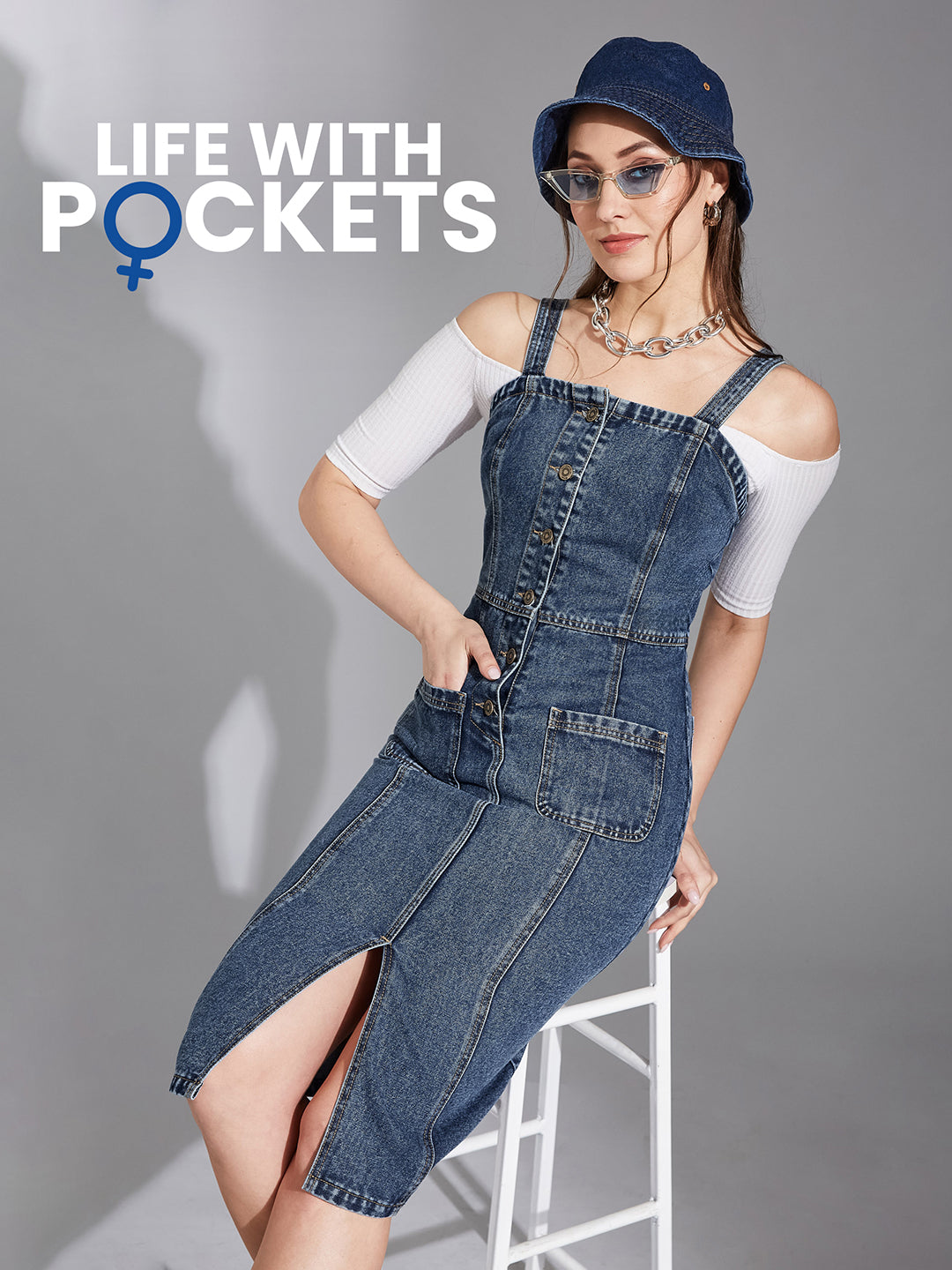 Women's Navy Blue Slim Midi Denim Dress