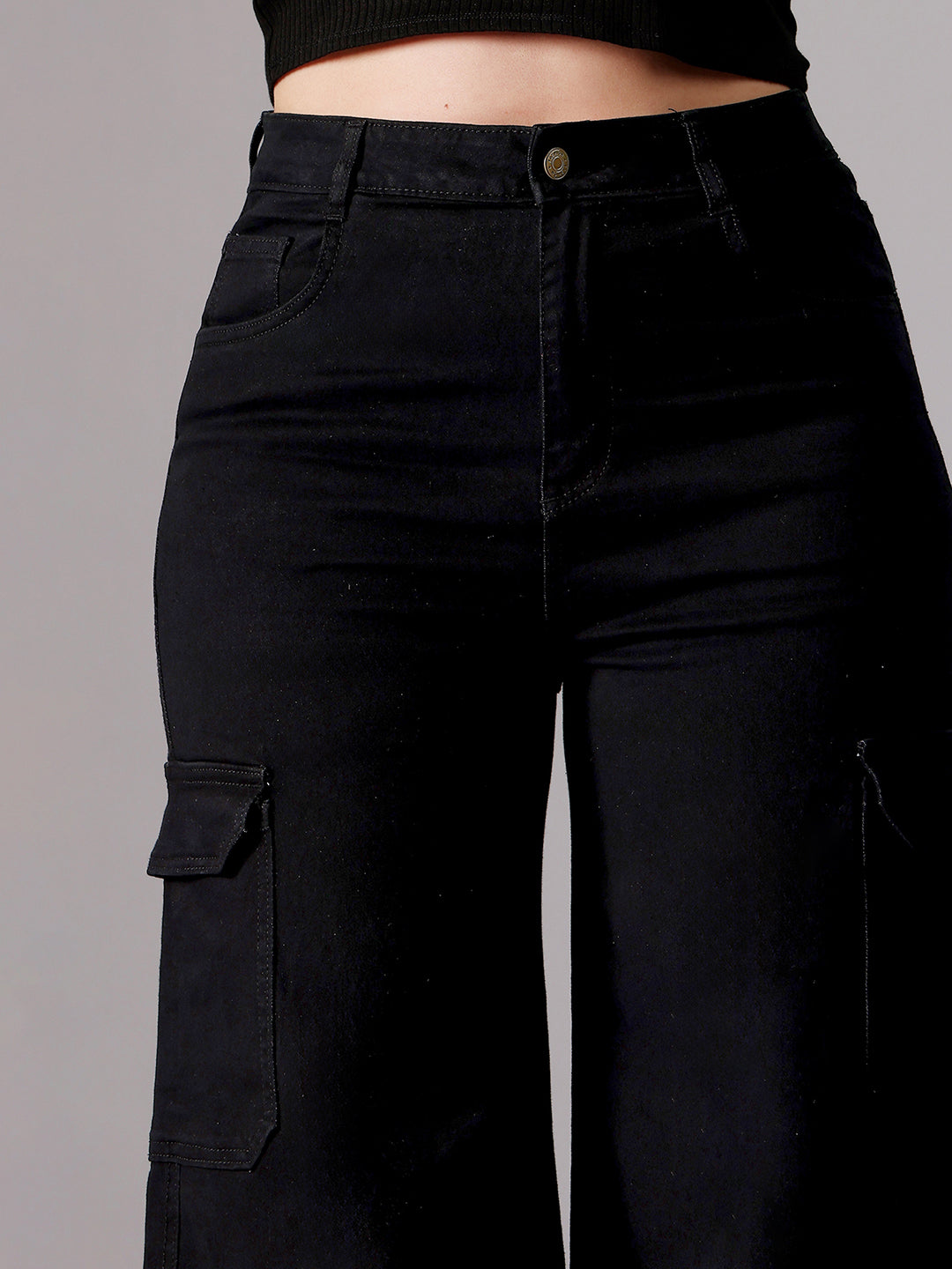 24/7 Comfort Black Wide-Leg High-Rise Clean-Look Patch Pocketed Regular Stretchable Denim Jeans
