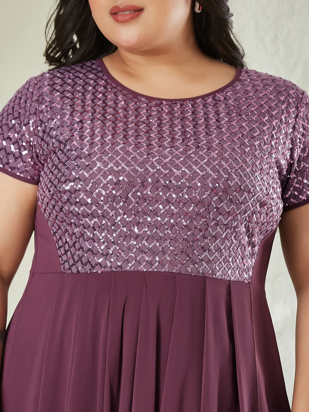 Mauve Round Neck Cap Sleeve Embellished Fit & Flare Maxi Crepe Dress for Women