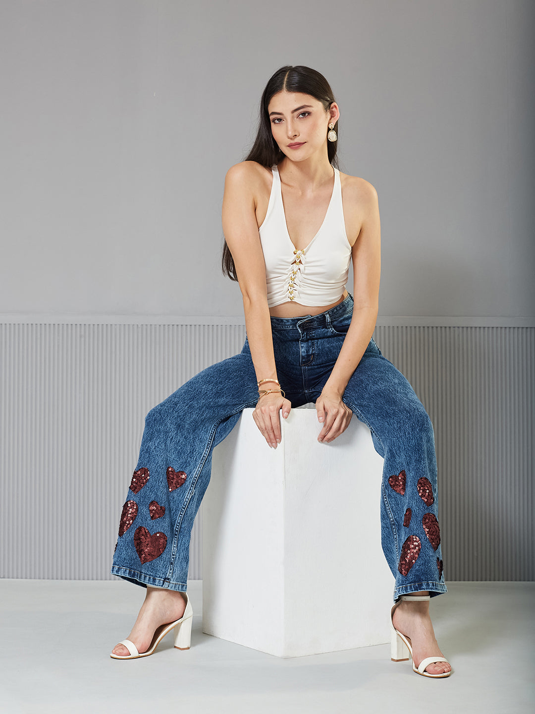 Mid-Blue Wide-Leg High-Rise Regular Stretchable Denim Jeans for Women — Miss Chase