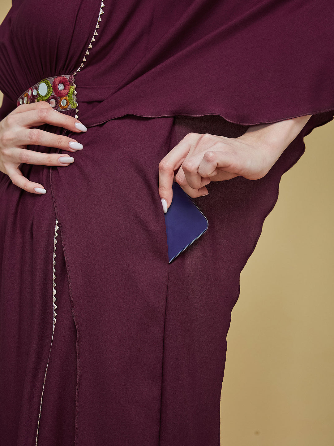 Wine Red Kaftan Dress with Multicoloured Embroidered Belt for Women