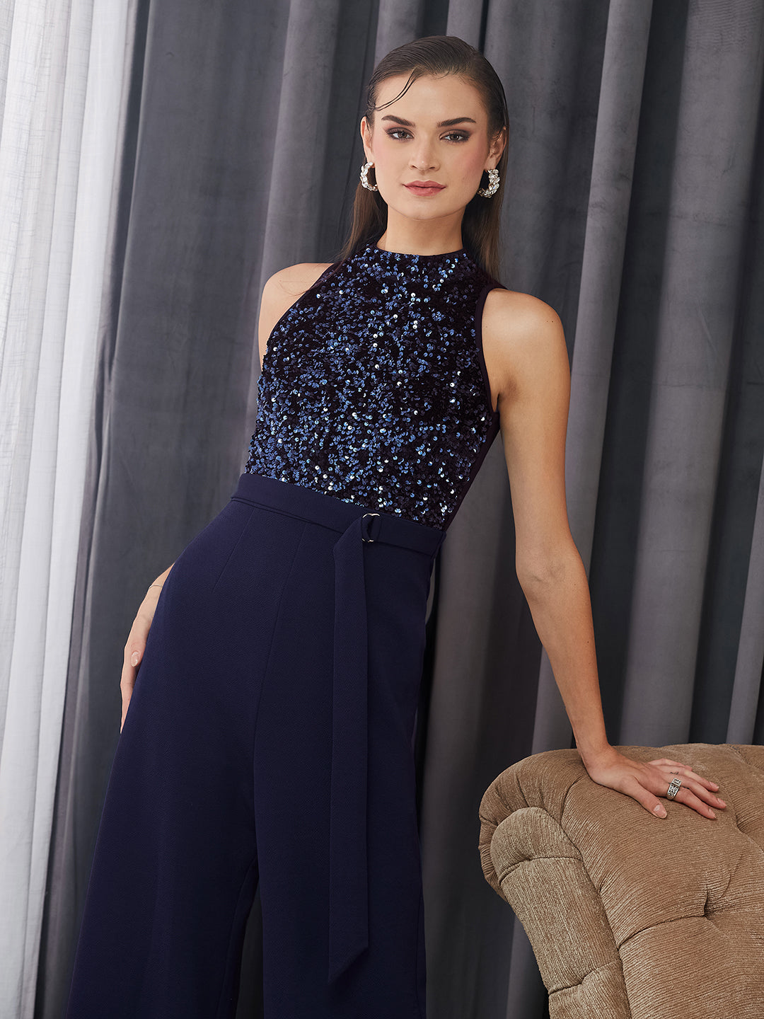 Women's Navy Blue Halter Neck Sleeveless Embellished Regular-Length Jumpsuit