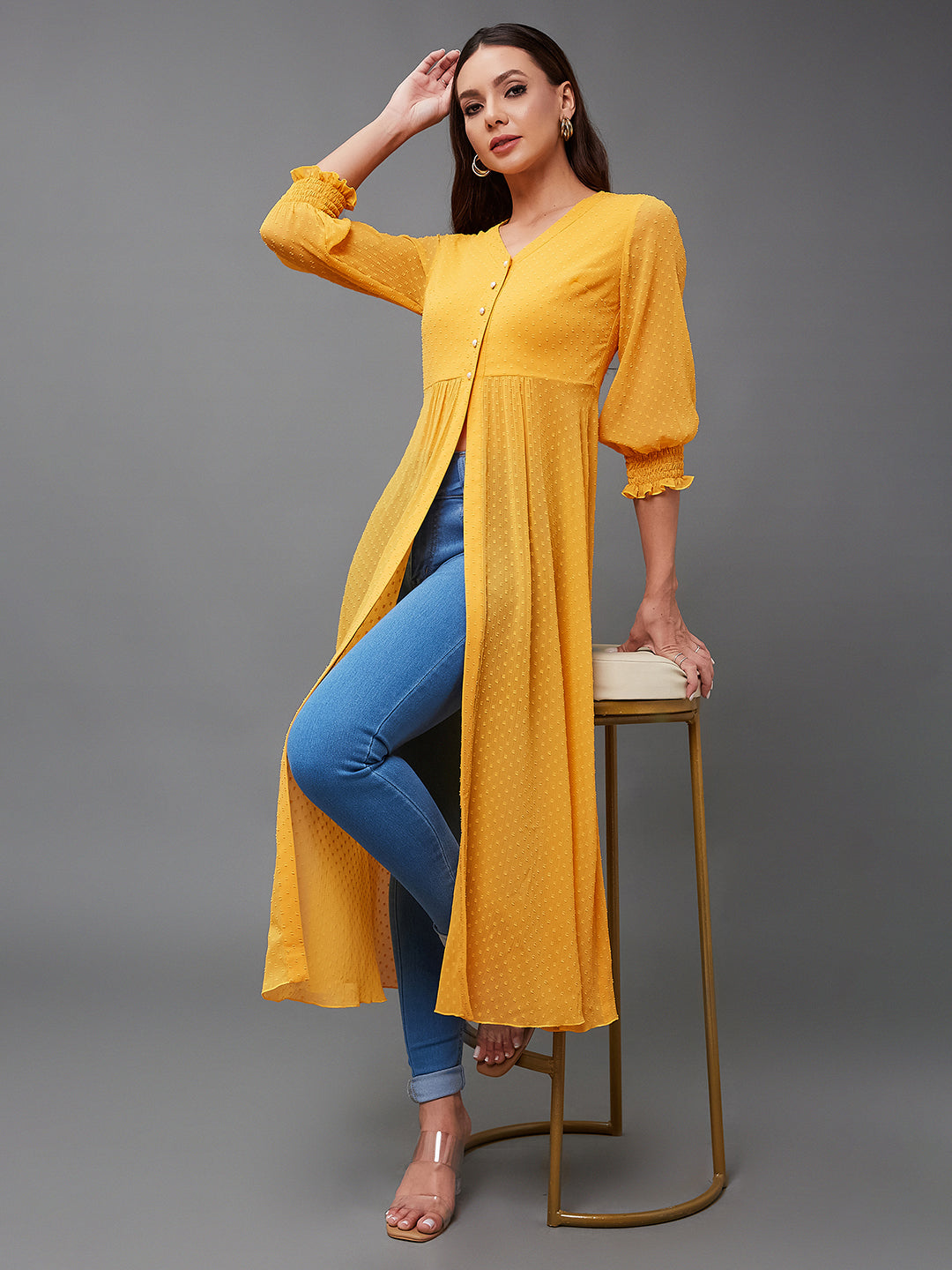 Mustard Yellow V-Neck 3/4 Sleeves solid empire Maxi Top for Women