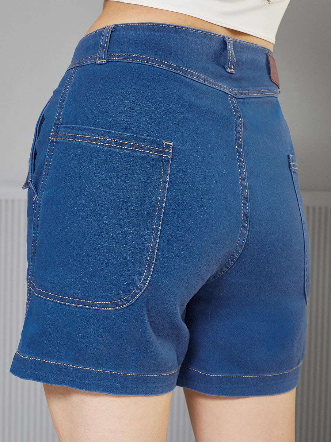 Blue Relaxed-Fit Mid-Rise Clean-Look Stretchable Denim Bermuda Shorts for Women — Miss Chase