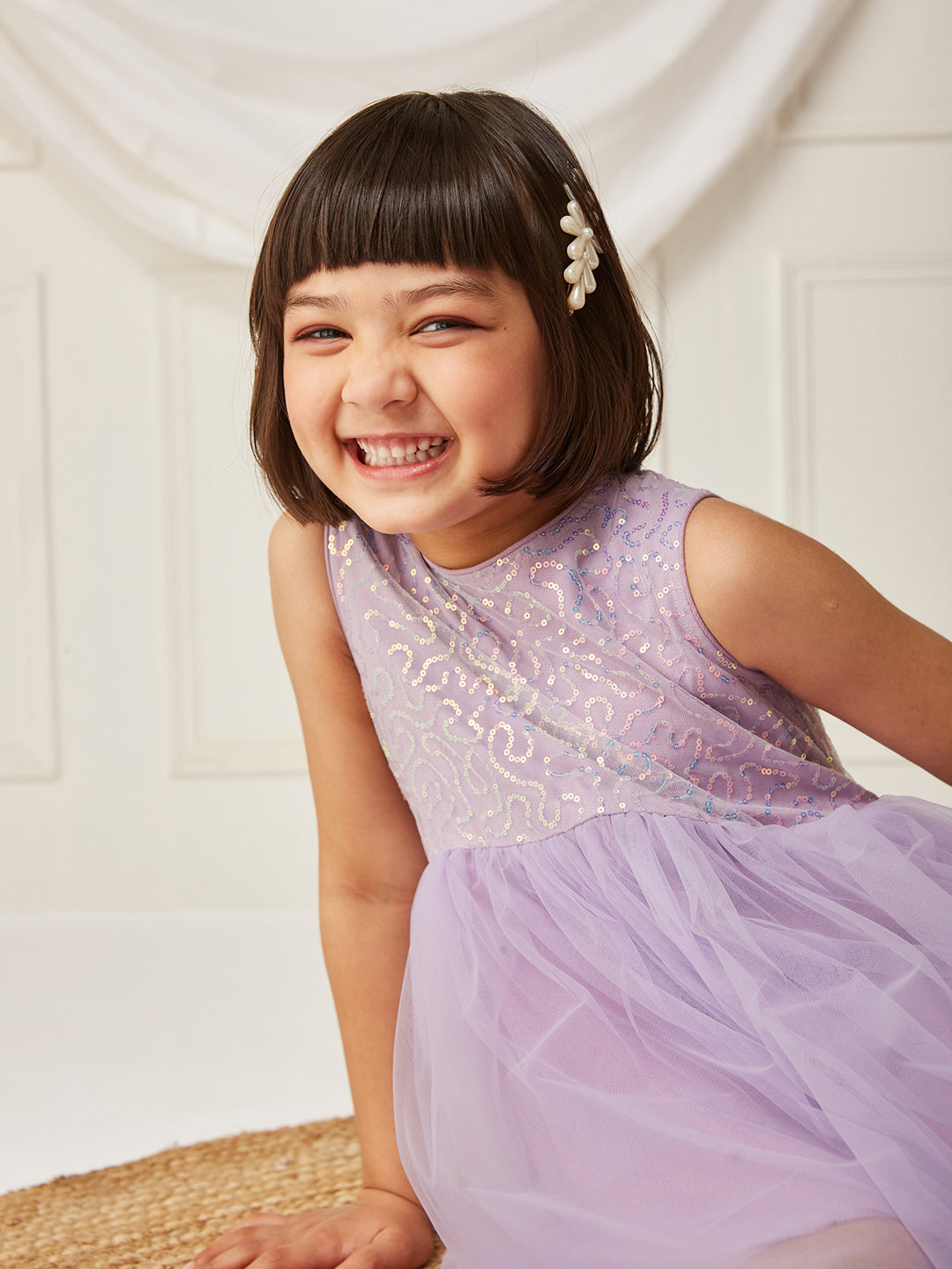 Lavender Round-Neck Sleeveless Embellished Fit & Flare Polyester Knee-Long Dress