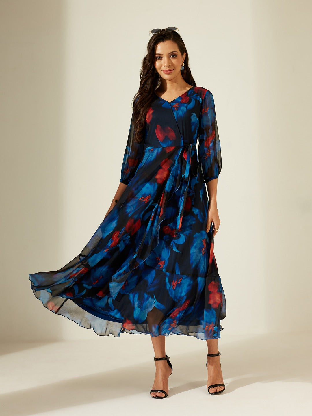 Black Floral V-Neck 3/4 Sleeve Wrap Chiffon Midi Dress for Women
