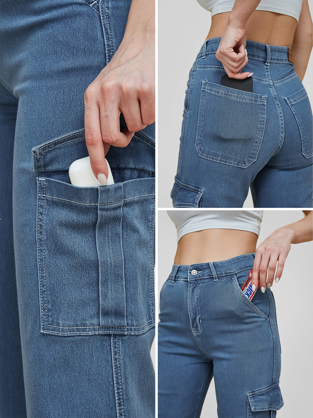 Women's Blue Wide-Leg High-Rise Clean-Look Regular Stretchable Denim Jeans