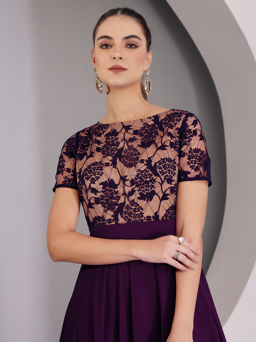 Women's Dark Purple Round Neck Half Sleeve Self Design Fit & Flare Georgette Maxi Dress