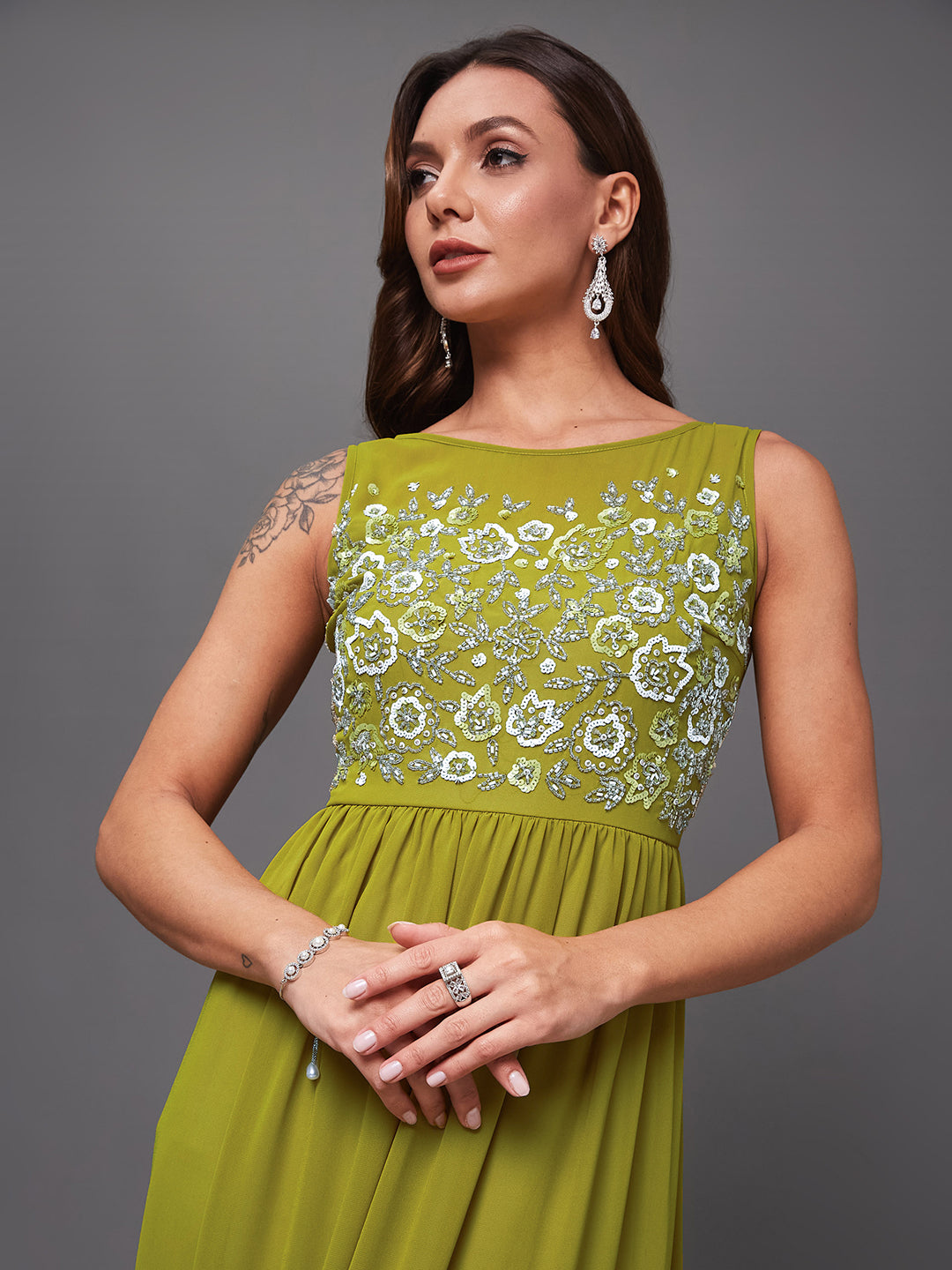 Women's Lemon Green Boat Neck Sleeveless Embroidered Georgette Gathered Maxi Dress